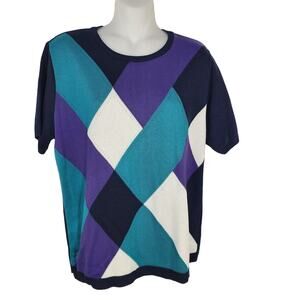 Alfred Dunner Womens Sweater Small Multicolor Colorblock Short Sleeve Round Neck